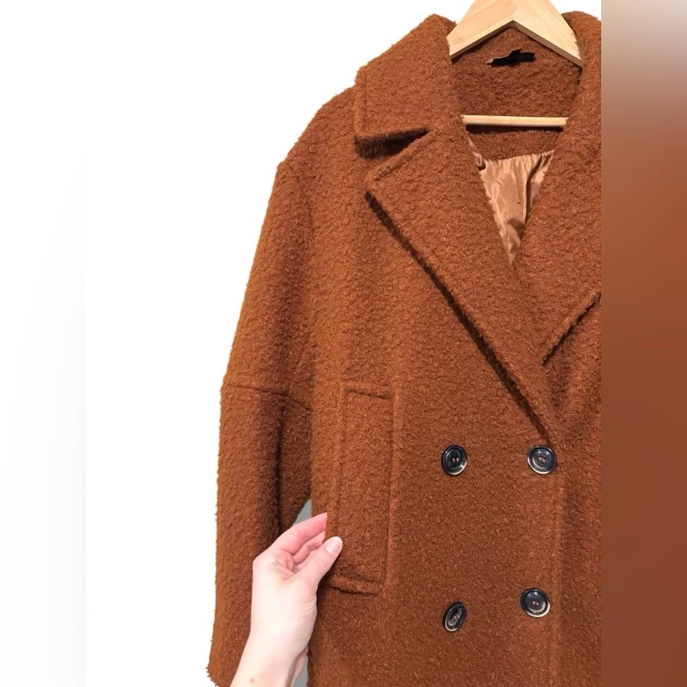 TOPSHOP Teddy Boucle Brown Double Breasted Collared Overcoat Size 8